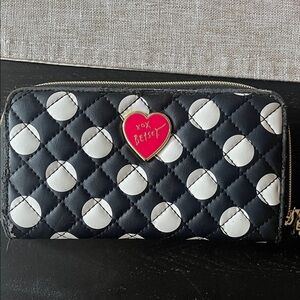 Betsey Johnson Black Quilted Polka Dot Wallet with Pink Heart Emblem